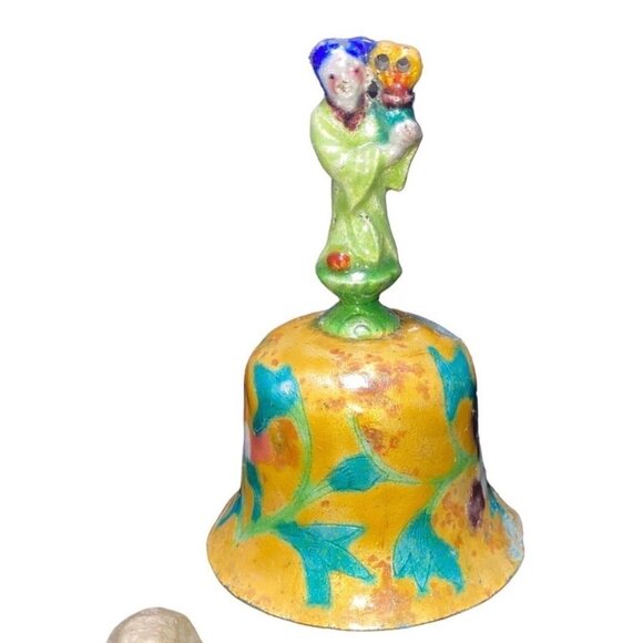 Vintage Hand-Painted Ceramic Bell With Floral Design & Figurine Handle - Picture 1 of 13